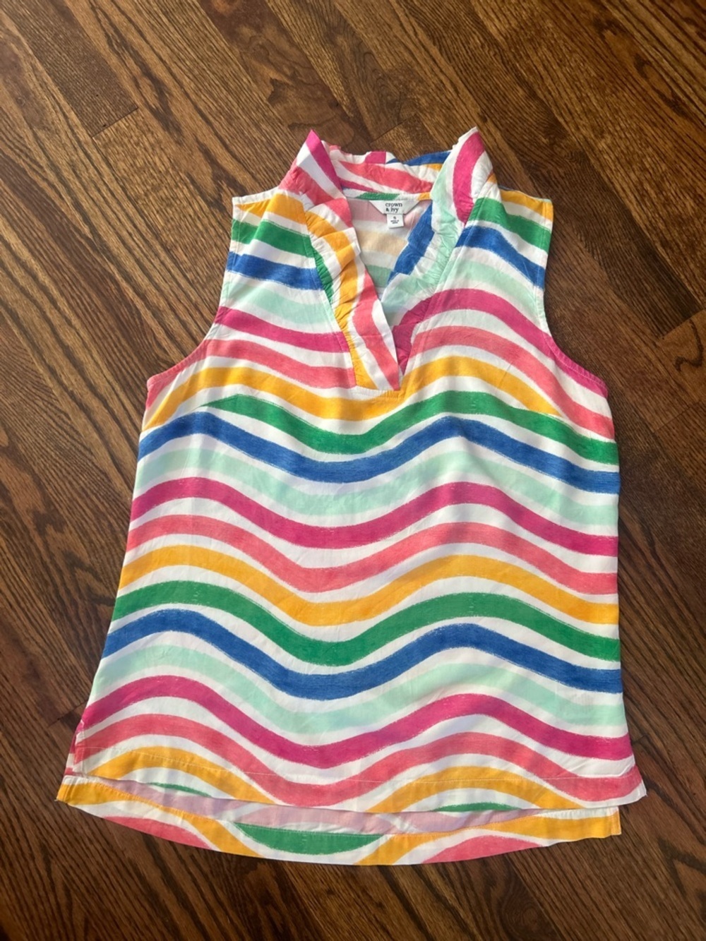 Crown & Ivy Ruffle V Neck Colorful Sleeveless Stripe Blouse Colorful Size Small